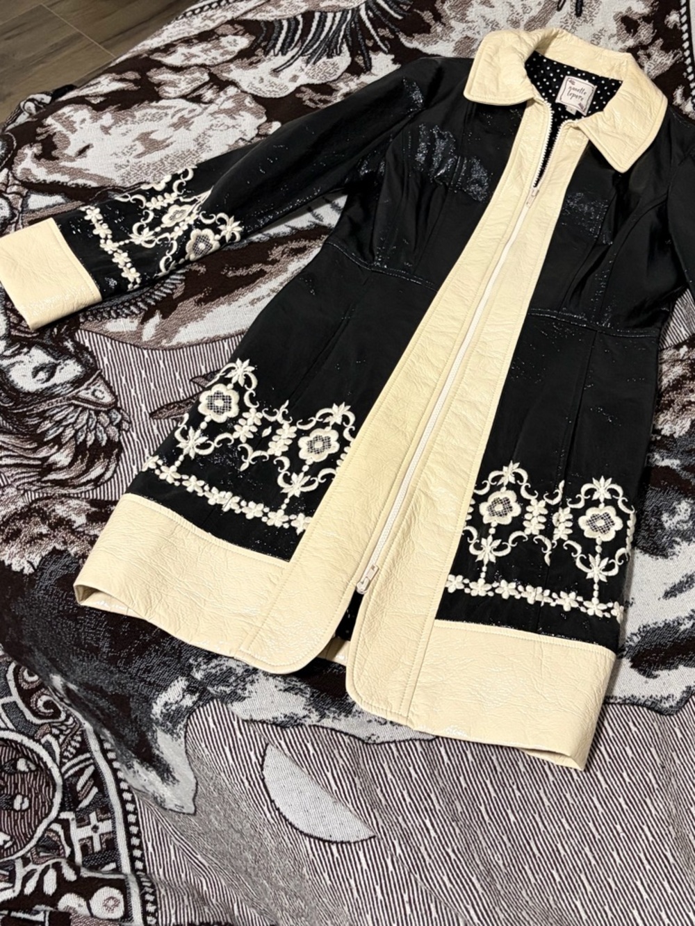 Nanette Lepore Black and Cream Embroidered Leather Coat
